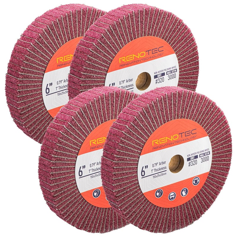 RENOTEC 6 Inch Flap Wheel, Non-Woven Abrasive Polishing Wheel, 1 Inch Thickness, 3/4 Inch Arbor, for Bench Grinder (4 Pcs Grit320 SP) - Image 1